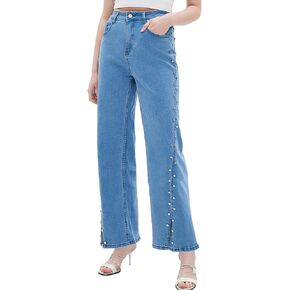 Ladyful Women's Straight Leg Jeans Stud High Waist Casual Stretch Denim Pants Embellished Split Jeans