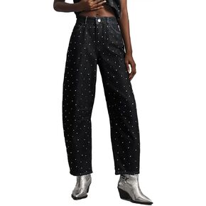Kedera Rhinestone Jeans for Women Wide Leg Baggy Pants Y2K Mid Rise Jeans Bedazzled Sparkl Bling Pants Streetwear