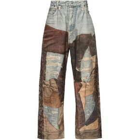 Angsuttc Women's Pants Faux Denim Printed Wide Leg Pant Baggy Elastic Waist Fake Jean 3D Digital Print Pant