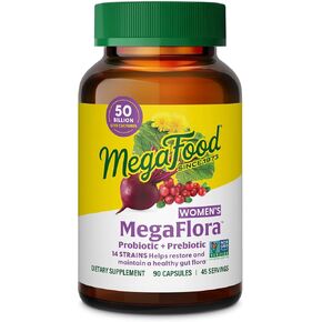MegaFood MegaFlora Probiotics for Women + Prebiotics and Probiotics with 14 Strains & 50 Billion CFUs, with Cranberry for Women Digestive Health, Vegetarian- 90 Capsules (45 Servings)