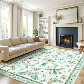 Insect Print Washable Bug Rug for Living Room 5x7 Large Area Rugs Non-Slip Stain Resistant Bedroom Carpet Soft Low Pile Butterfly Carpet for Dining Room Office Kids Playroom,Light Green