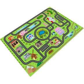 Kids Car Train Rug Carpet Playmat with Non-Slip Rubber Backing，Child Car Traffic Parking Rugs，Toddler Car City Life Road Track Street Map Cute Cartoon Picnic Play Mat 2.6x3.9ft /32×47in