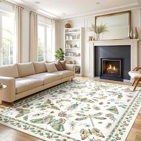 3x5 Rug for Bedroom Insect Rug Print Washable Bug Rug Non Slip, Low Pile Boho Area Rug Carpet for Living Room,Bedside, Kids Room, Office, Dark Green