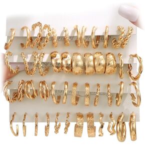 24 Pairs Gold Hoop Earrings Set for Women Hypoallergenic Chunky Chain Twisted Open Hoops Dangle Earring Packs for Birthday Party Fashion Jewelry Gift