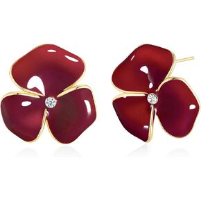 Gold Dainty Chunky Maroon Enamel CZ Floral Statement Earrings for Women by SNGIA, Modern Summer Beach Floral Handmade Drop Jewelry, Cherry Maximalist Wedding Date Birthday Gift, Bold Exaggerated Wine Stud Trendy Jewelry, Golden Colorful Fashion Accessorie