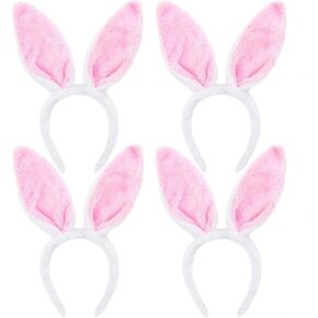 Pack of 4 - Fluffy Bunny Ears Headbands for Adults and Kids, Plush Pink Rabbit Ear Costume Accessories for Halloween, Easter Day, and Animal Themed Party Favors
