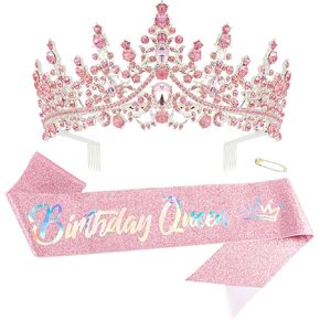 Canitor Birthday Queen Crown and Sash for Women Sparkling Rhinestone Tiara and Sashes for Girls Princess Bride Crown for Wedding Prom Halloween Cosplay Party Quinceanera (pink)