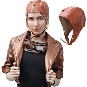 FURPHI Steampunk Aviator Hat with Ear Flaps PU Leather Vintage Cap for Women