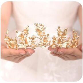 JWICOS Gold Tiara Crown for Women Princess Tiara Crown for Brides Bridal Wedding Tiara Crown for Pageant Prom Elegant Floral Leaves Pearl Crown for Halloween Costume Birthday Party, 1, 1.0 Count