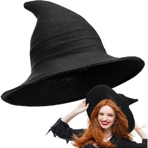 Boyiee Knitted Witch Hat Foldable Wide Brim Cap Pointed Felt Hat for Women Halloween Cosplay Costume Masquerade Accessory