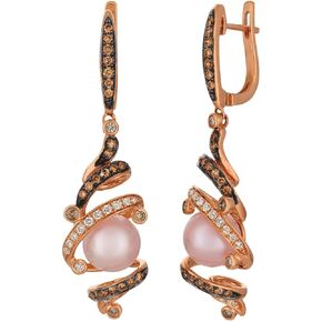 Le Vian 2/3 Carat Chocolate Diamond Pink Pearl Dangle Earrings for Women | 14k Rose Gold Elegant Spiral Pave Design Earrings for Her (H-I, SI2-SI3, 0.69 Cttw) Secure Latch Back