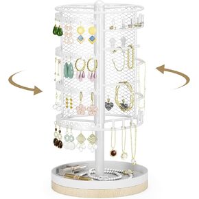4 Tiers Metal Rotating Earring Necklace Holder Organizer, Necklace Organizer Display Jewelry Stand Storage Tree with Bamboo Base, Grid Holes Earring Tree Hanger for Stud Pierced Women Girls (Gold)