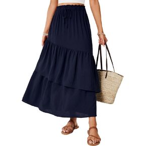 Vrtige Women's Summer Elastic High Waist A Line Flowy Asymmetrical Ruffle Maxi Long Skirts