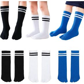 3 أزواج من القطن اثنين من إصبع القدم Tabi split v Socks Athletic Running Long Valf High Striped Dress Socks for Kids Boys Girls 2-12 Years