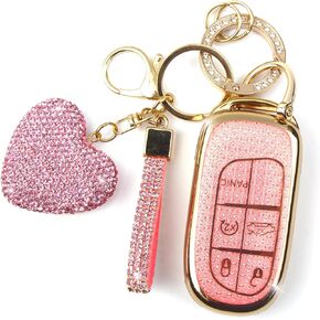 Key Fob Cover with Diamond Keychain for Women, Car Key Holder Compatible with Jeep Grand Cherokee Renegade Dodge RAM Durango Challenger Chrysler Protector, 5 Buttons (Silver-Heart)