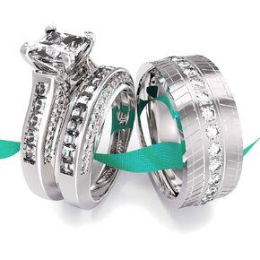 Wedding Ring Sets His And Hers Promise Ring Wedding Ring Sets His And Hers Couples Women 925 Sterling Silver Square Cut Moissanite Man titanium Wedding Band