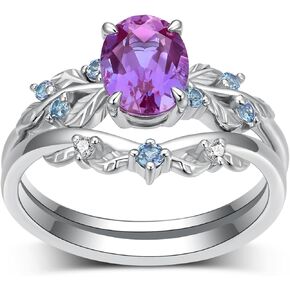 Oval Cut Alexandrite Engagement Ring Set for Women, 925 Sterling Silver Oval-Cut 1 Carat Alexandrite Leaf Wedding Ring Set Anniversary Jewelry Bridal Gifts for Women