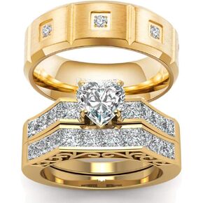 WRS WEDDING RING SET TWO RINGS His Hers Couples Rings Women's 10k Yellow Gold Filled White CZ Wedding Engagement Ring Bridal Sets & Men's Tungsten Carbide White Cz Wedding Band