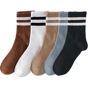 Women's Striped Cotton Crew Socks – 5 Pairs Breathable Athletic Casual Socks, Seamless Toe, Soft & Stylish Fit, Size 5-10