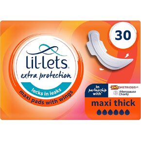 Lil-Lets Extra Protection Maxi Pads X 30 (3 Pack), with Wings, for Extremely Heavy Flow Periods and Perimenopause