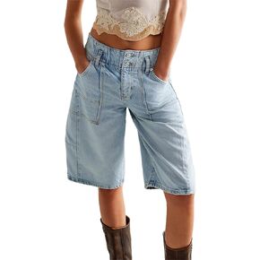 LifeShe Women's Denim Shorts Casual Baggy Bermuda Shorts Low Waist Barrel Leg Jean Shorts