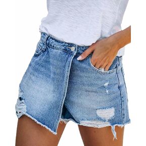 Sexyshine Women's Midi Waist Distressed Denim Shorts Ripped Cut Off Raw Hem Asymmetric Wrap Jeans Skorts
