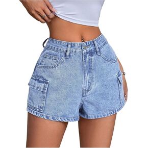 WDIRARA Women's High Waisted Denim Cargo Shorts Straight Leg Casual Jean Shorts with Pockets