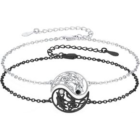 Couples Wolf Yin Yang Matching Bracelets, Sterling Silver, Black and White, 2 Piece Set