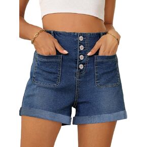 Women's Summer Jean Shorts Button Fly Elastic High Rise Cuffed Hem Casual Denim Shorts with Patch Pockets
