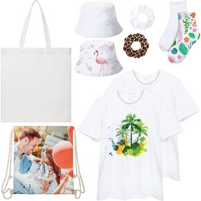 Geyoga 11pcs Sublimation Blanks Softstyle CVC T Shirts Tote Canvas Bags Bucket Hats Scrunchies Drawstring Bags Backpacks Socks Tie Dye Embroidery Kit