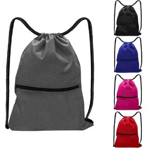Gym Drawstring Backpack, Sports Bag for Men Women, Waterproof with Zipper Pocket, for Swimming, Travel, Beach, Hiking (Gray)