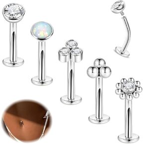 14G 5Pcs Surgical Steel Floating Belly Ring for Women Flat Back Petite Belly Button Ring Convex Base CZ Navel Ring Internally Threaded Curved Barbell Belly Piercing Jewelry 8/10/12/14mm
