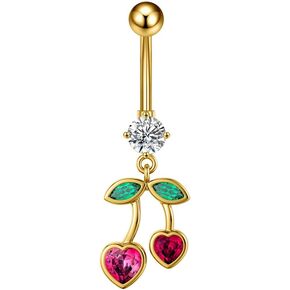 Cute CZ Cherry Dangle Belly Button Rings for Women 14G Stainless Steel Fruit Belly Navel Rings Internally Threaded Belly Barbell Dangling Belly Piercing Jewelry
