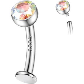 MILACOLATO 14G Solid 925 Sterling Silver Floating Belly Button Rings, Internally Threaded Round CZ Opal Navel Rings Reverse Curved 10mm/12mm Flat Back Belly Piercing Jewelry for Women