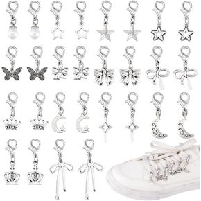 PH PandaHall 28pcs Clip on Charm Pendants Alloy Shoes Decoration Charms, 14 Styles Antique Silver Star Bow Shoe Lace Charms with Lobster Clasp for Sneakers Canvas Shoes Boots Jewelry Making