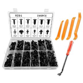 240 PCS مقاطع المصد والمسامير البلاستيكية PUSH PUN PIN - تشمل 12 أحجامًا و 5 مزيل لقفل GM و FORD و TOYOTA و Honda و Chrysler و Mercedes و BMW و ACURA وغيرها الكثير