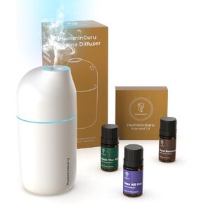 Ultrasonic Essential Oil Diffuser & Humidifier - 90ml USB-C Aromatherapy Device for Car, Home, Office with 3 Essential Oils (Lavender, Peppermint, Cedar) - 20-Min Auto Shutoff, White