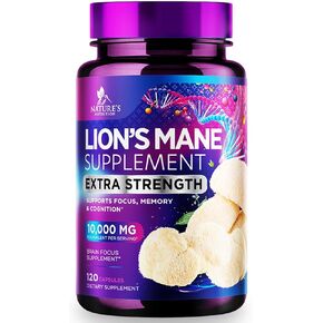 Lion’s Mane Mushroom Capsules – 10:1 Extract Equivalent to 10,000mg – Brain & Immune Support Supplement – Focus, Memory, & Clarity – Nootropic Hericium Erinaceus – 60 Vegan Capsules