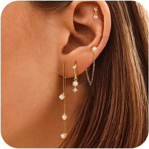 Moodear Dainty Pearl Drop Hoop Earrings for Women - Hypoallergenic 14K Gold Plated Small Dangle Chain Hoops Trendy Earring Sets for Multiple Piercing Jewelry Gift in Saudi Arabia