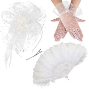 Bowknot fascinator قبعة الرأس مع مروحة القفازات القصيرة القصيرة حجاب لايف لايف كوكتيل شاي حفل زفاف 20S 50s ملحقات الأزياء