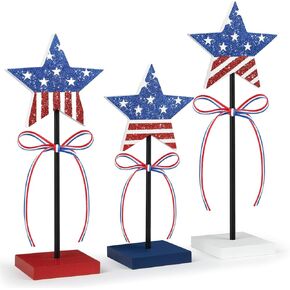 3 PCS 4th of July Table Decorations Wooden Star Set, Rustic Patriotic Decor, Red White and Blue Decorations for Home (Stripe)