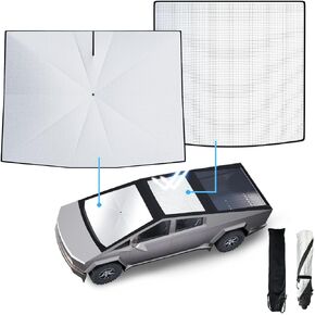 SPEMER 2PCS Upgraded Windshield & Roof Sunshade, Foldable Sun Shade Umbrella Compatible for Tesla Cybertruck 2024 2025, Sunshade Cover for UV, Sun and Heat Protection with Bendable Shaft, Storage Bag
