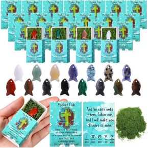 20 Set End of School Years Gifts Bulk Mini Jesus Fish Pocket Hug Token Jesus Figurines Religious Crystal Healing Stones Christian Gifts for Sunday School Church Decoration