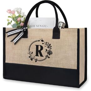 TOPDesign Personalized Initial Jute/Canvas Beach Bag, Monogrammed Gift Tote Bag for Women