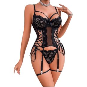 Soly Hux Lace Lace Mesh Sexy Lingerie Tie Up Bra و Banty مجموعة مع ملابس Night Belt
