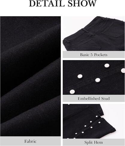 Ladyful Women's Straight Leg Jeans Stud High Waist Casual Stretch Denim Pants Embellished Split Jeans in Saudi Arabia
