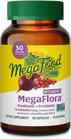 MegaFood MegaFlora Probiotics for Women + Prebiotics and Probiotics with 14 Strains & 50 Billion CFUs, with Cranberry for Women Digestive Health, Vegetarian- 90 Capsules (45 Servings) in Kuwait