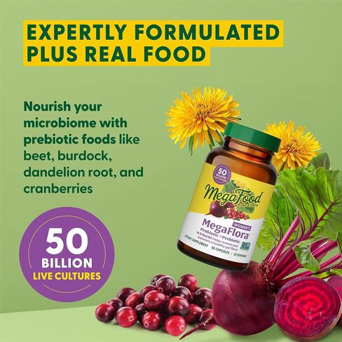 MegaFood MegaFlora Probiotics for Women + Prebiotics and Probiotics with 14 Strains & 50 Billion CFUs, with Cranberry for Women Digestive Health, Vegetarian- 90 Capsules (45 Servings) in Kuwait
