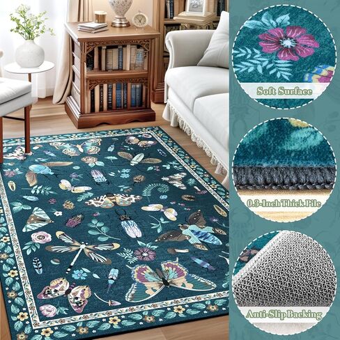 3x5 Rug for Bedroom Insect Rug Print Washable Bug Rug Non Slip, Low Pile Boho Area Rug Carpet for Living Room,Bedside, Kids Room, Office, Dark Green in Kuwait