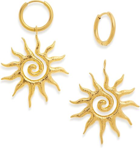 Chunky Gold Sun Leaf Huggie Dangle Earrings for Women, Trendy Lightweight Statement Hypoallergenic Roman Pattern Jewelry Prom Holiday Gift in Kuwait